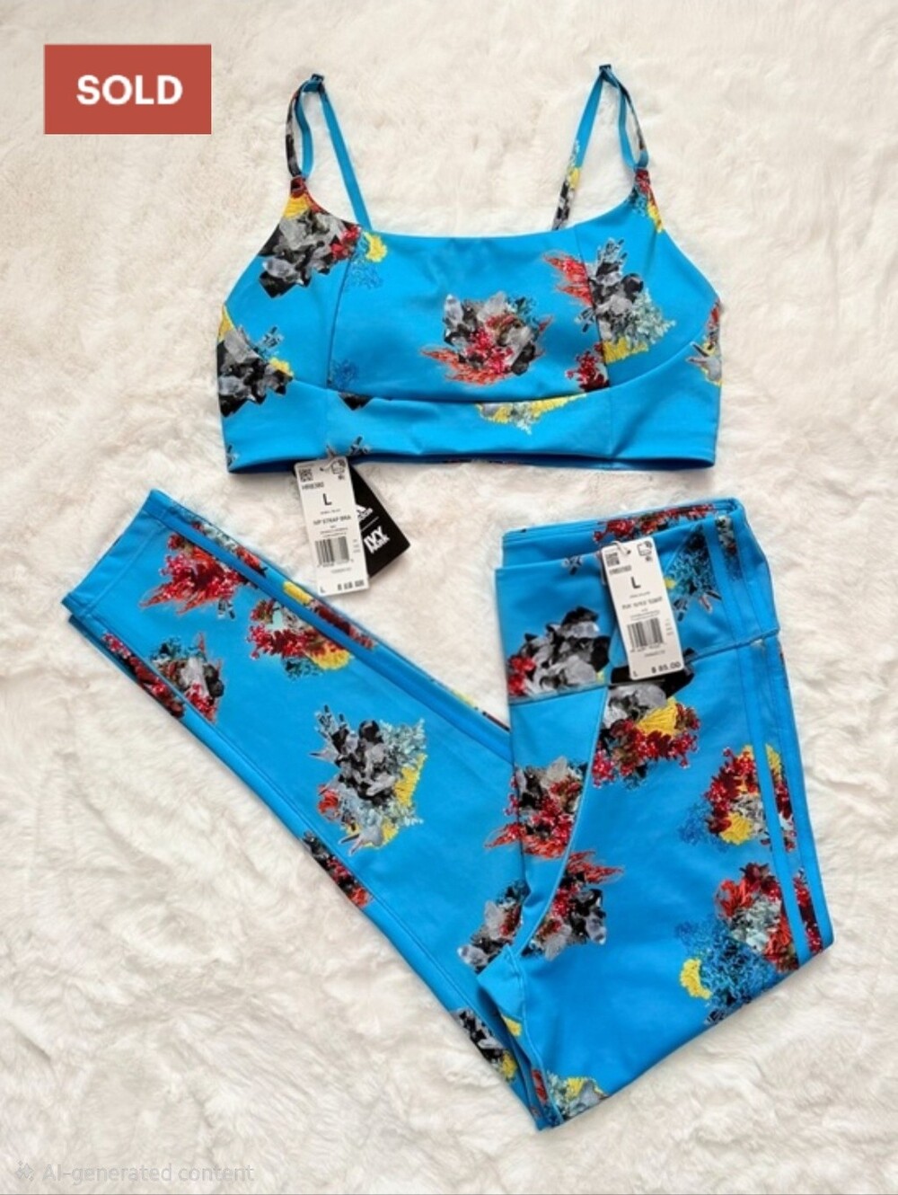 NWT Adidas x Ivy Park Printed Tights & Matching Bra | Crystal AOP/Shock Cyan, L